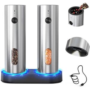 imageCIRCLE JOY Electric Salt and Pepper Grinder Set Stainless Steel Spice Grinder Automatic Pepper Mills with EasytoCarry Dual Charging Station White Led Light and Adjustable Coarseness SilverRechargeable Set with Charging Base  Silver