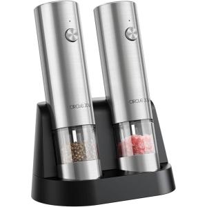 imageCIRCLE JOY Electric Salt and Pepper Grinder Set Stainless Steel Spice Grinder Automatic Pepper Mills with EasytoCarry Dual Charging Station White Led Light and Adjustable Coarseness SilverRechargeable Set with 2in1 Charging Base  Silver