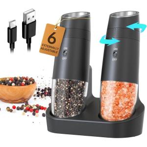 imageCIRCLE JOY Gravity Electric Salt and Pepper Grinder Set Automatic Shakers Upgraded Pepper Mill with Rechargeable Base External Adjustable Coarseness LED Light Easy Refill for Kitchen ampamp OutdoorBlack Set