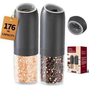 imageCIRCLE JOY Gravity Electric Salt and Pepper Grinder Set Battery Powered Automatic Pepper Mill Grinders with 176ml Container Adjustable Coarseness Bright LED Light and One Hand Operation BlackBattery Operated Set  Black
