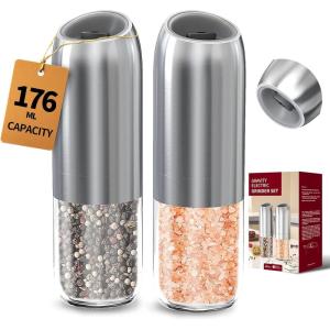 imageCIRCLE JOY Gravity Electric Salt and Pepper Grinder Set Battery Powered Automatic Pepper Mill Grinders with 176ml Container Adjustable Coarseness Bright LED Light and One Hand Operation BlackBattery Operated Set  Silver