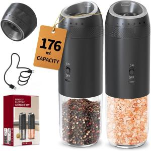 imageCIRCLE JOY Gravity Electric Salt and Pepper Grinder Set Battery Powered Automatic Pepper Mill Grinders with 176ml Container Adjustable Coarseness Bright LED Light and One Hand Operation BlackRechargeable Set  Black