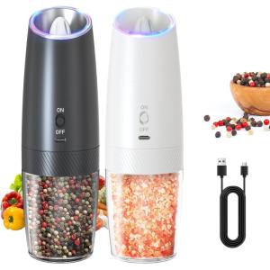imageCIRCLE JOY Rechargeable Electric Salt and Pepper Grinder Set Gravity Salt and Pepper Mills Set with LED Light No Battery Needed Adjustable Coarseness Washable 135ml Container BlackRechargeableBlack  White Set