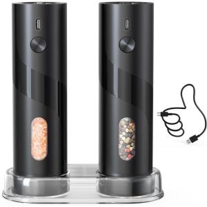 imageCIRCLE JOY Rechargeable Electric Salt and Pepper Grinder Set with Base Automatic Pepper Mill Grinders with 110ml Container Adjustable Coarseness and White LED Light BlackRechargeable Set with Base  Black