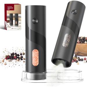 imageCIRCLE JOY Rechargeable Electric Salt and Pepper Grinder Set with Base Automatic Pepper Mill Grinders with 110ml Container Adjustable Coarseness and White LED Light BlackBattery Powered Set with Base  Black