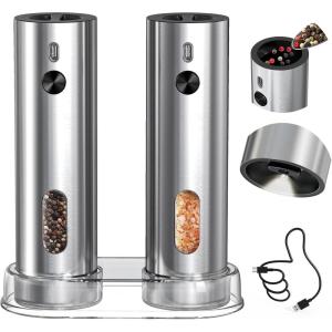 imageCIRCLE JOY Rechargeable Electric Salt and Pepper Grinder Set with Base Automatic Pepper Mill Grinders with 110ml Container Adjustable Coarseness and White LED Light BlackRechargeable Set with Base  Silver
