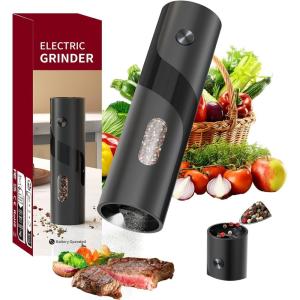 imageCIRCLE JOY Rechargeable Electric Salt and Pepper Grinder Set with Base Automatic Pepper Mill Grinders with 110ml Container Adjustable Coarseness and White LED Light BlackBattery Powered  Black