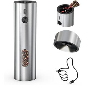 imageCIRCLE JOY Rechargeable Electric Salt and Pepper Grinder Set with Base Automatic Pepper Mill Grinders with 110ml Container Adjustable Coarseness and White LED Light BlackRechargeable  Silver