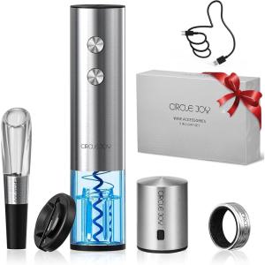 imageCIRCLE JOY Electric Wine Opener Rechargeable 5in1 Stainless Steel Wine Bottle Opener Premium Gift Set with Foil Cutter Wine Aerator Pourer Wine Drip Ring ampamp Vacuum Stopper for Wine Lovers6in1 Rechargeable Set with Wine Drip Ring  Silver