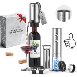 imageCIRCLE JOY Electric Wine Opener Rechargeable 5in1 Stainless Steel Wine Bottle Opener Premium Gift Set with Foil Cutter Wine Aerator Pourer Wine Drip Ring ampamp Vacuum Stopper for Wine Lovers8in1 Rechargeable Set  Silver