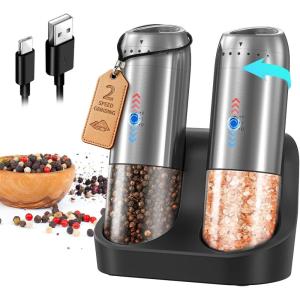 imageCIRCLE JOY Rechargeable Salt and Pepper Grinder Set Gravity Sensor Electric Salt and Pepper Grinder Set with External Adjustment 176ml Capacity and Onehanded Operation BlackSilver