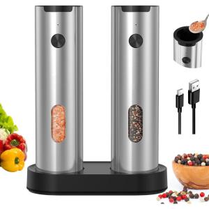 imageCIRCLE JOY Electric Salt and Pepper Grinder Set Stainless Steel Rechargeable Pepper Mill Set with Charging Base 110ML TopFill Adjustable Coarseness LED Light OneHand Operation Gift IdeaRechargeable Set with Charging BaseSilver
