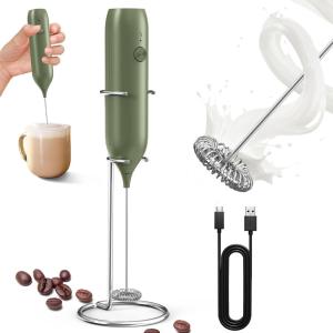 imageCIRCLE JOY Rechargeable Milk Frother Handheld with Stand Coffee Frother Wand Drink Mixer with Dual Spring Whisk for Coffee Cappuccino Lattes Frappe Matcha and Hot Chocolate GreenGreen