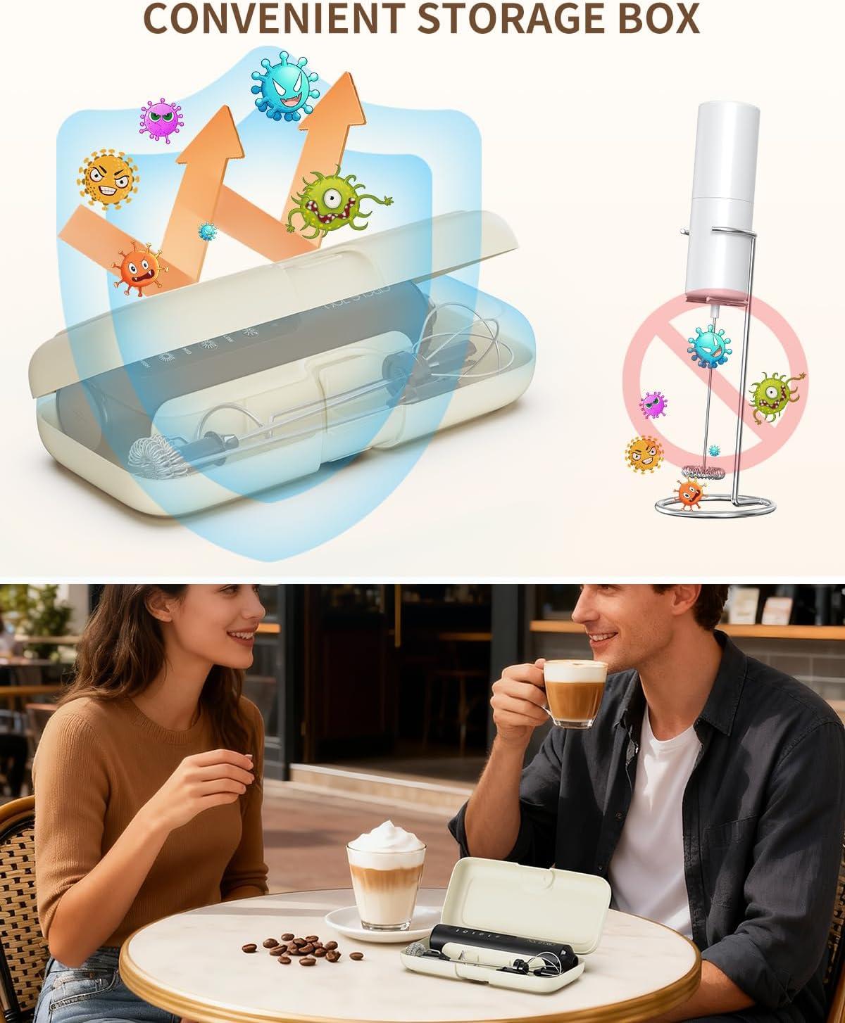 imageCIRCLE JOY Rechargeable Handheld Milk Frother Wand with Stand 3 Variable Speeds 3 Whisks and Storage Box Electric Drink Mixer for Latte Cappuccino Hot Chocolate Eggs and Protein Powder Black