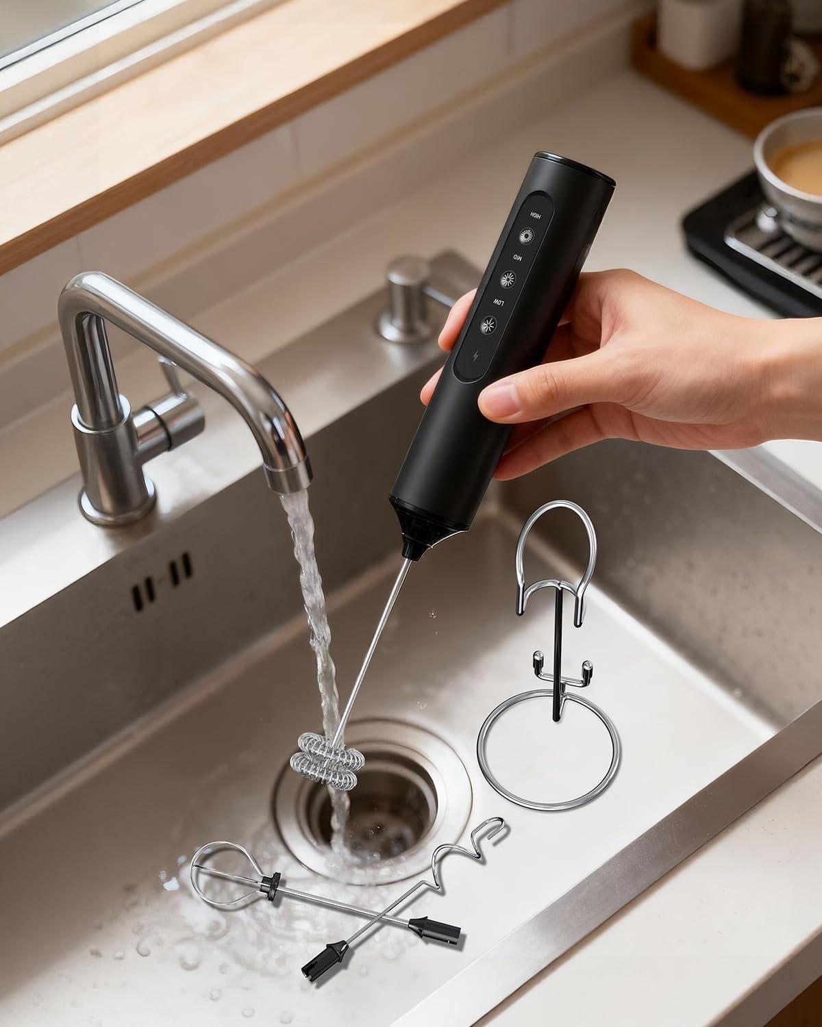 imageCIRCLE JOY Rechargeable Handheld Milk Frother Wand with Stand 3 Variable Speeds 3 Whisks and Storage Box Electric Drink Mixer for Latte Cappuccino Hot Chocolate Eggs and Protein Powder Black