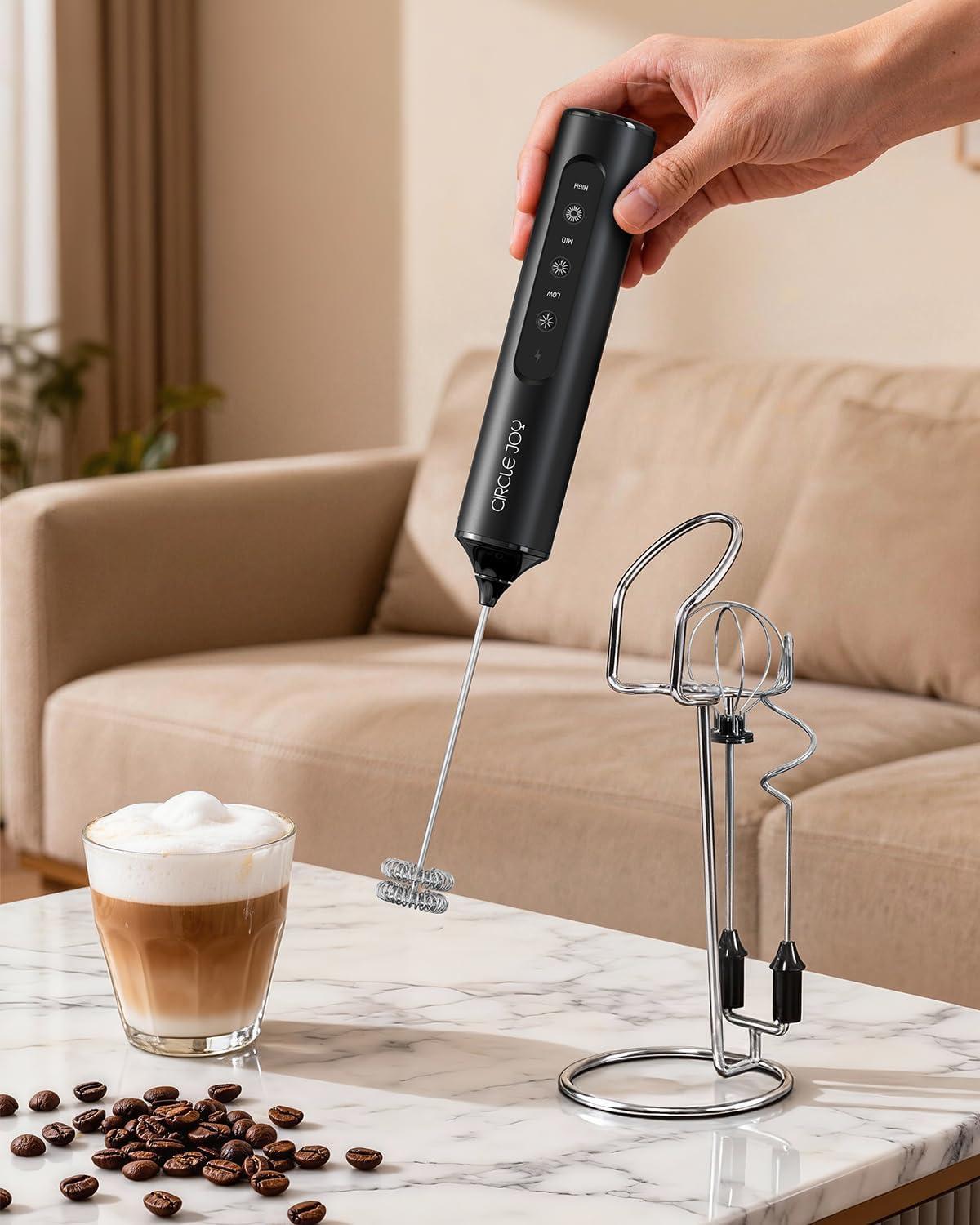imageCIRCLE JOY Rechargeable Handheld Milk Frother Wand with Stand 3 Variable Speeds 3 Whisks and Storage Box Electric Drink Mixer for Latte Cappuccino Hot Chocolate Eggs and Protein Powder Black