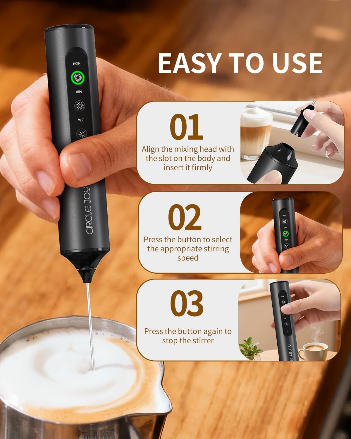 imageCIRCLE JOY Rechargeable Handheld Milk Frother Wand with Stand 3 Variable Speeds 3 Whisks and Storage Box Electric Drink Mixer for Latte Cappuccino Hot Chocolate Eggs and Protein Powder Black