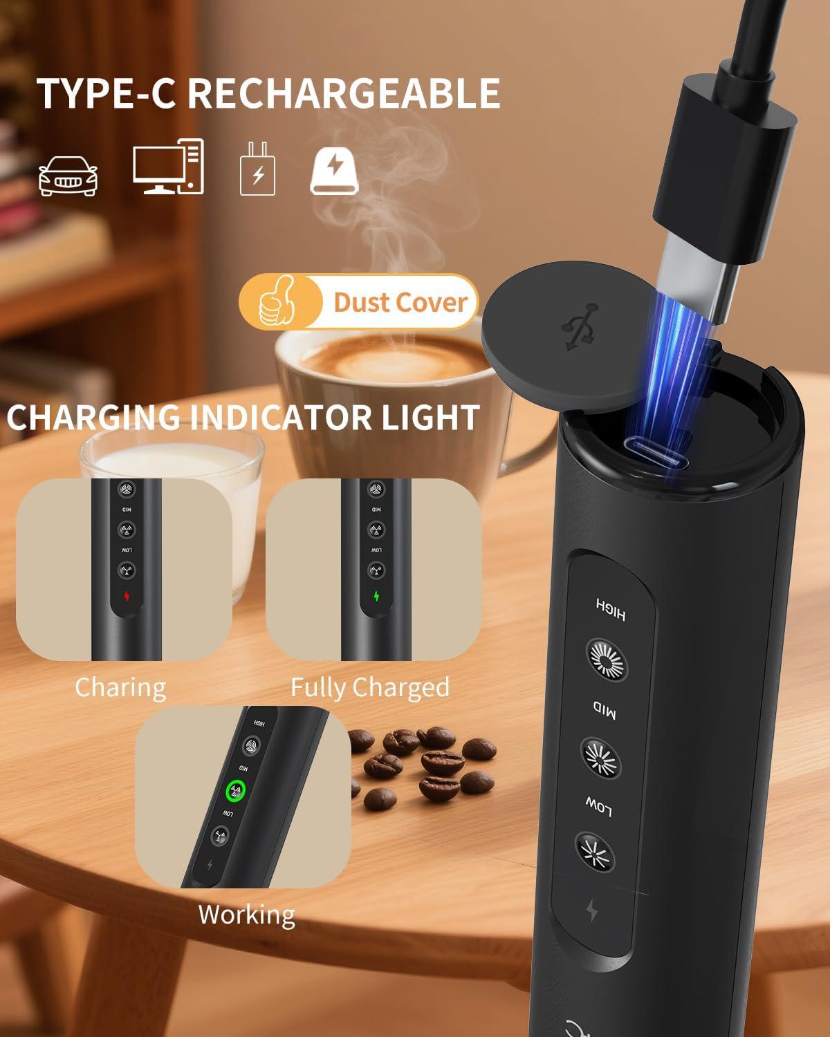 imageCIRCLE JOY Rechargeable Handheld Milk Frother Wand with Stand 3 Variable Speeds 3 Whisks and Storage Box Electric Drink Mixer for Latte Cappuccino Hot Chocolate Eggs and Protein Powder Black