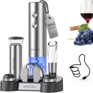 image:imageCIRCLE JOY Electric Wine Bottle Opener Set Stainless Steel Rechargeable Wine Opener 8in1 Wine Gift Set with Charging base Foil Cutter Wine Aerator Pourer Vacuum Pump amp 2 Wine Stoppers8in1 Rechargeable Wine Set  Silver