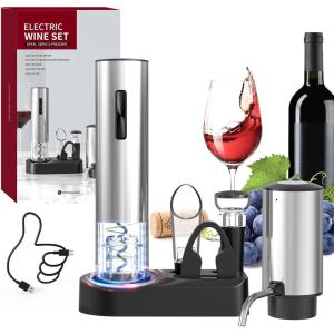 image:imageCIRCLE JOY Electric Wine Bottle Opener Set Stainless Steel Rechargeable Wine Opener 8in1 Wine Gift Set with Charging base Foil Cutter Wine Aerator Pourer Vacuum Pump amp 2 Wine Stoppers6in1 Rechargeable Set  Silver