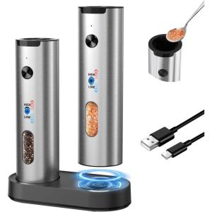 image:imageCIRCLE JOY Electric Salt and Pepper Grinder Set with Rechargeable Base Upgraded Stainless Steel Automatic Salt and Pepper Shakers with 2 Grinding Speeds External Adjustment and 176ml Capacity Silver2Speed Rechargeable Set with Charging Base  Silver