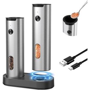 image:imageCIRCLE JOY Electric Salt and Pepper Grinder Set with Rechargeable Base Upgraded Stainless Steel Automatic Salt and Pepper Shakers with 2 Grinding Speeds External Adjustment and 176ml Capacity SilverRechargeable Set with Charging BaseSilver