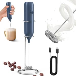 image:imageCIRCLE JOY 2Speed Rechargeable Milk Frother Hanheld Dual Coil Whisk Head Electric Coffee Frother Portable Hand Frother Wand Drink Mixer for Matcha Lattes Cappuccino Kitchen GiftsRechargeableBlueWith Stand