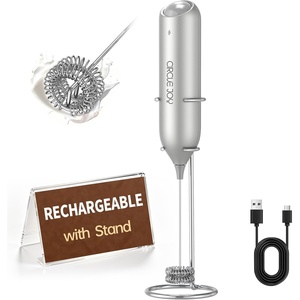 image:imageCIRCLE JOY Rechargeable 2Speed Handheld Milk Frother with Stand Dual Spring Whisk Electric Foamer Portable amp Detachable Coffee Frother Wand Drink Mixer for Lattes Macchiato Hot Chocolate SilverStand Silver